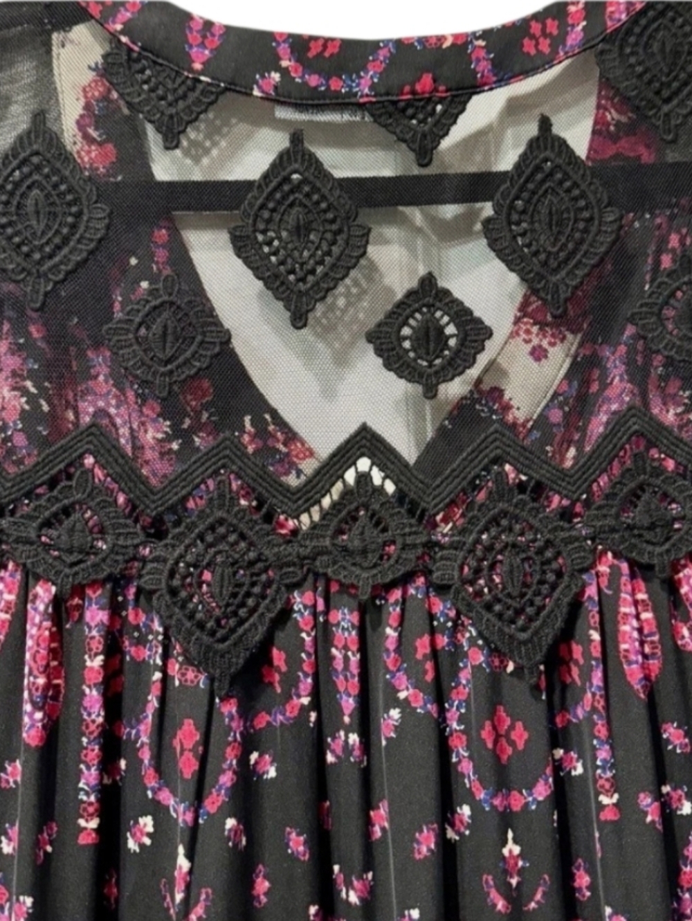 Gypsy 05 Silk Boho Pink Black Paisley Floral V-neck Mini Dress Lace Back Size S. - Picture 9 of 14